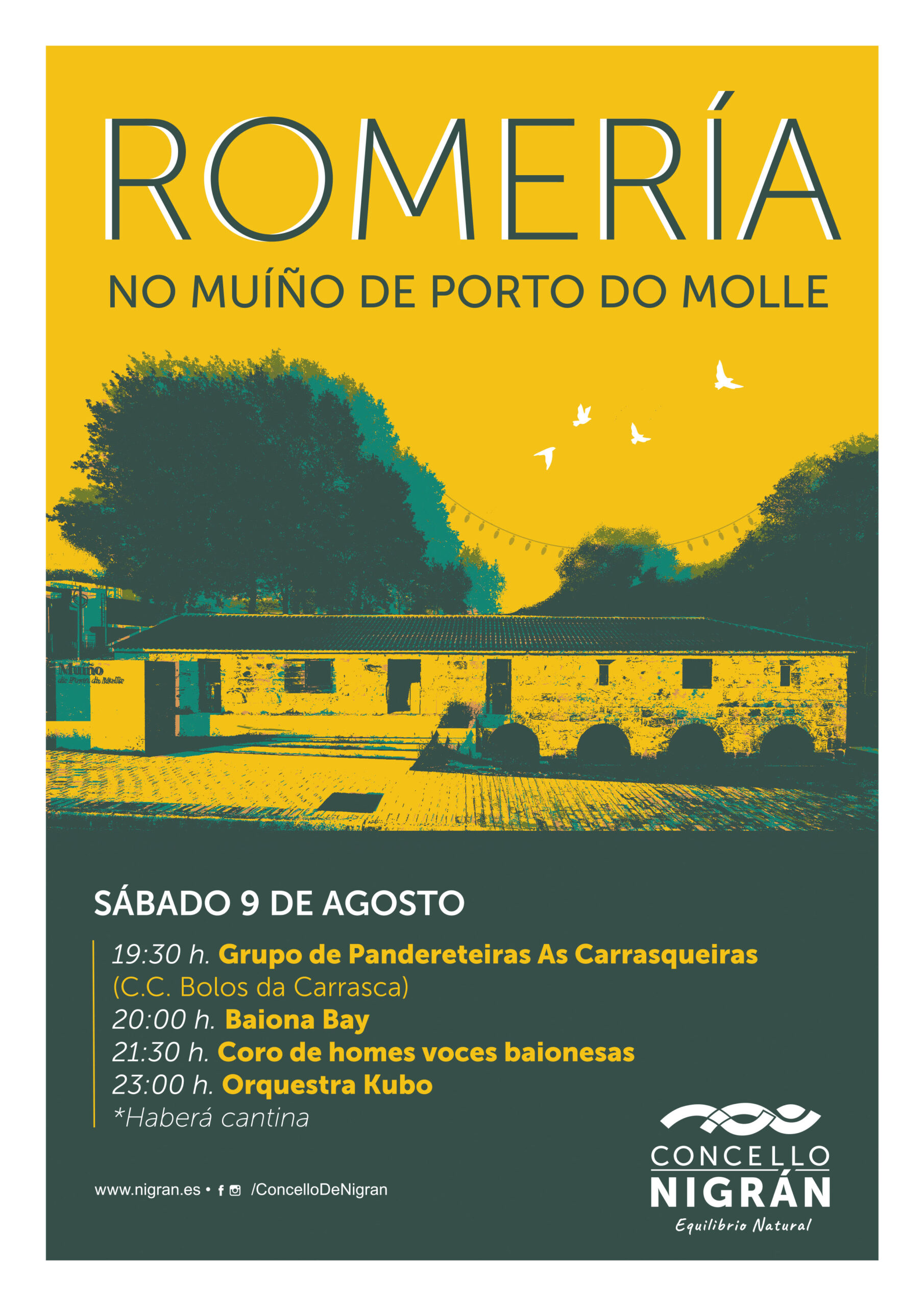 O CONCELLO DE NIGRÁN OFRECE O SÁBADO 9 DE AGOSTO UNHA ROMARÍA NO MUÍÑO DE PORTO DO MOLLENigrán, 06/08/25.- O Concello de Nigrán, dentro da súa programación especial de verán, ofrece unha romaría este sábado 9 de agosto no Muíño de Porto do Molle. O obxectivo é vivir un día de festa e ledicia con destacadas formacións musicais da comarca. A xornada arrancará ás 19:30 horas co grupo de pandereteiras As Carrasqueiras do C.C.R. Bolos da Carrasca e continúa ás 20:00 horas con Baiona Bay, grupo xurdido hai 12 anos en Baiona integrado por once voces acompañadas por bandurrias, laúdes, guitarras, baixo e percusión, e que dan forma a temas populares galegos, versións de temas actuais ou clásicos como 'Agárrate a mi, María' ou 'My way'. A xornada rematará coa actuación da Orquesta Kubo a partir das 23:00 horas, unha formación coñecida polos seus grandes espectáculos e o seu escenario móbil de 29 metros de longo e 11 metros de alto, considerado o máis grande de Europa no ámbito das verbenas galegas; ofrecen un repertorio variado para todos os gustos e un espectáculo visual potente con acrobacias e diversas performances.Durante toda a xornada haberá unha cantina con bebidas e comida á venda.